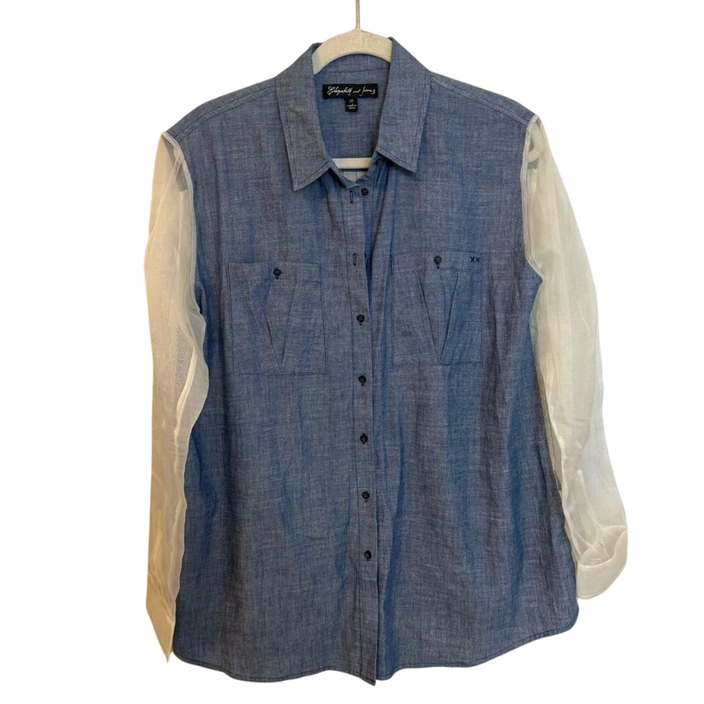 Elizabeth and James Blue Cotton Silk Sheer Mixed Media Button Down Shirt M